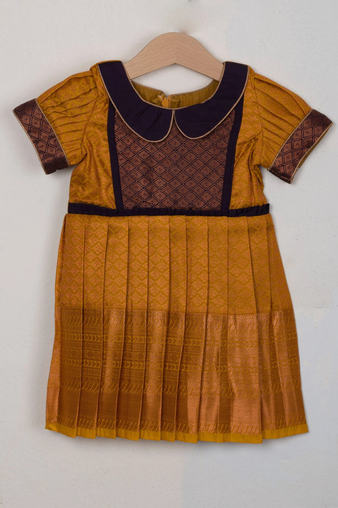 The Nesavu Silk Frocks Gold And Blue Semi-Silk Dress With Zari Printed Designs For Girls psr silks Nesavu 14 (6M) / Yellow SF454A