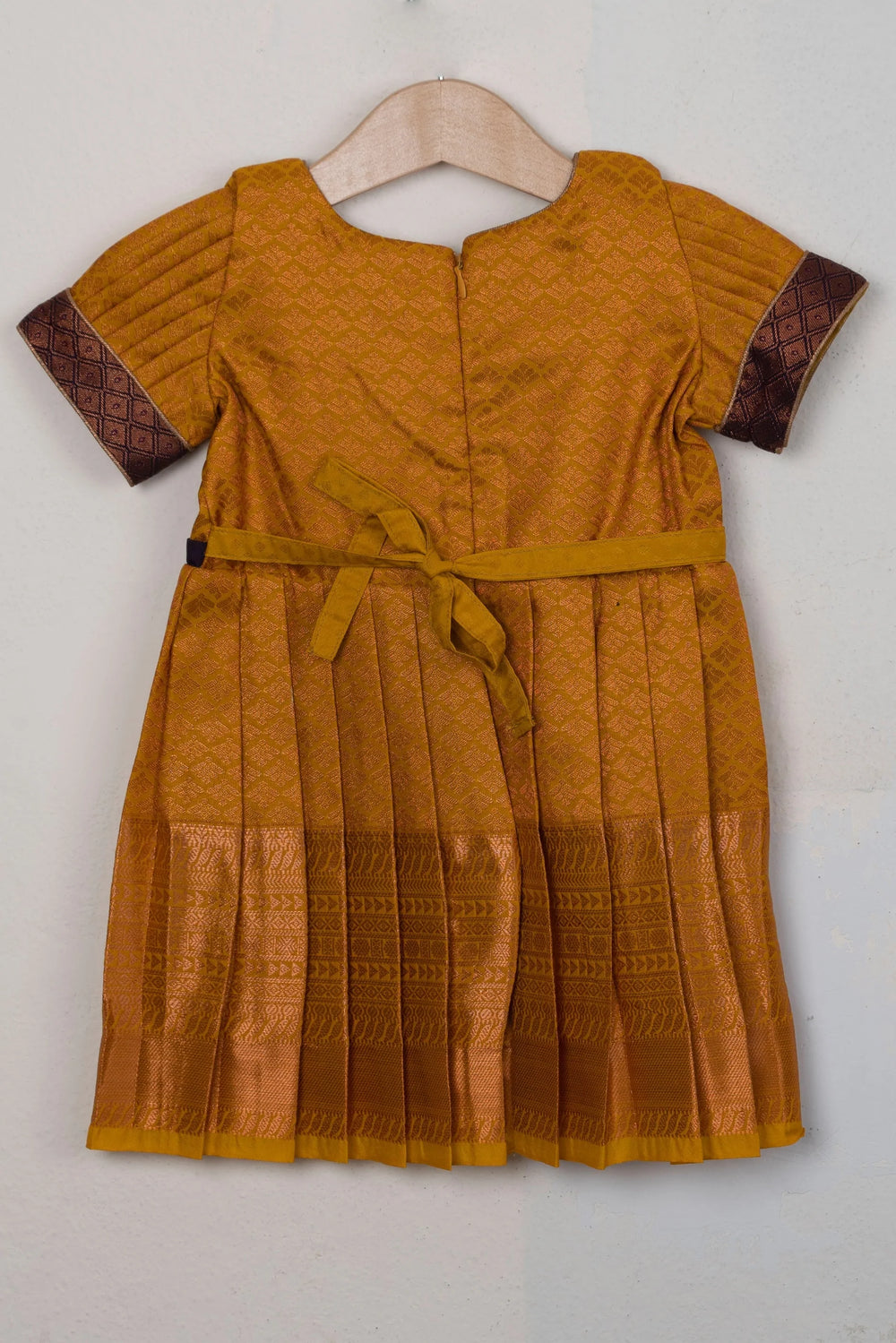 The Nesavu Silk Frocks Gold And Blue Semi-Silk Dress With Zari Printed Designs For Girls psr silks Nesavu