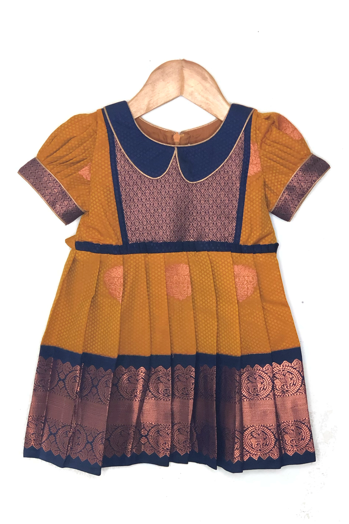 The Nesavu Silk frocks Gold Mode - Blue And Gold Semi-Silk Frocks With Long Border For Girls psr silks Nesavu 14 (6M) / Yellow SF465A