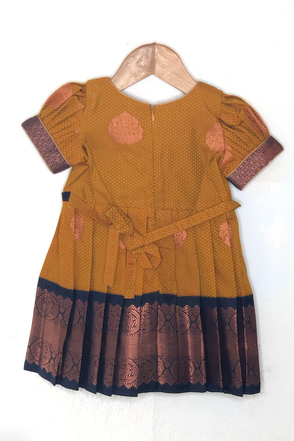 The Nesavu Silk frocks Gold Mode - Blue And Gold Semi-Silk Frocks With Long Border For Girls psr silks Nesavu