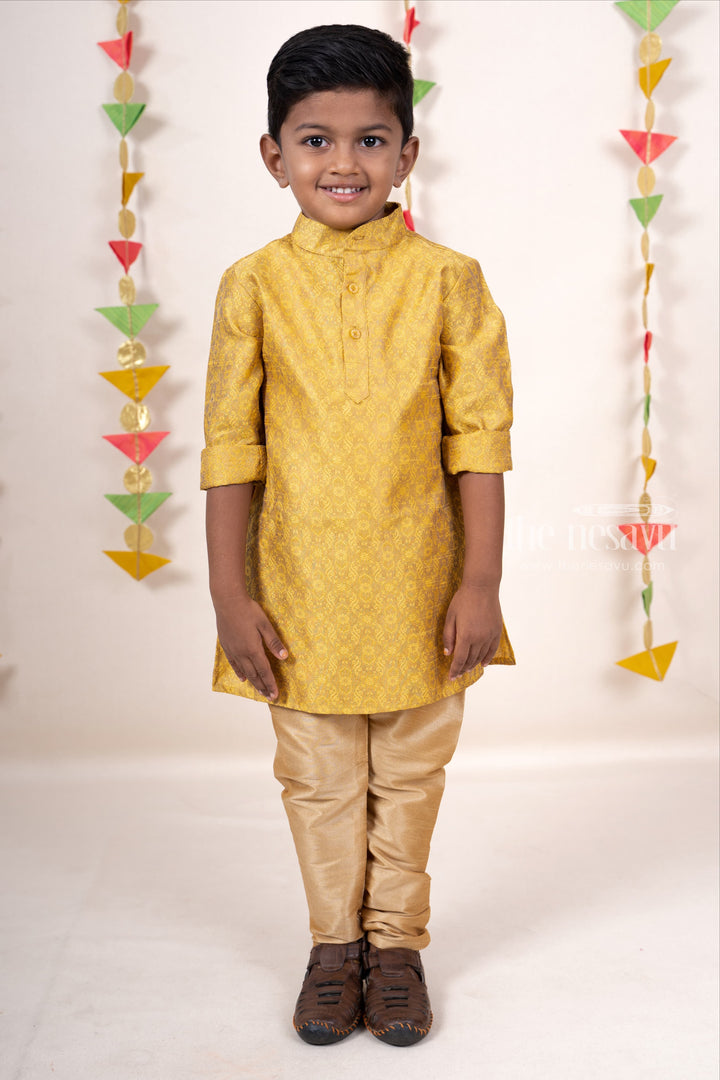 The Nesavu Ethnic Sets Golden Printed Semi Silk Designer Party Wear Kurta For Boys psr silks Nesavu 16 (1Y) / gold BES186A