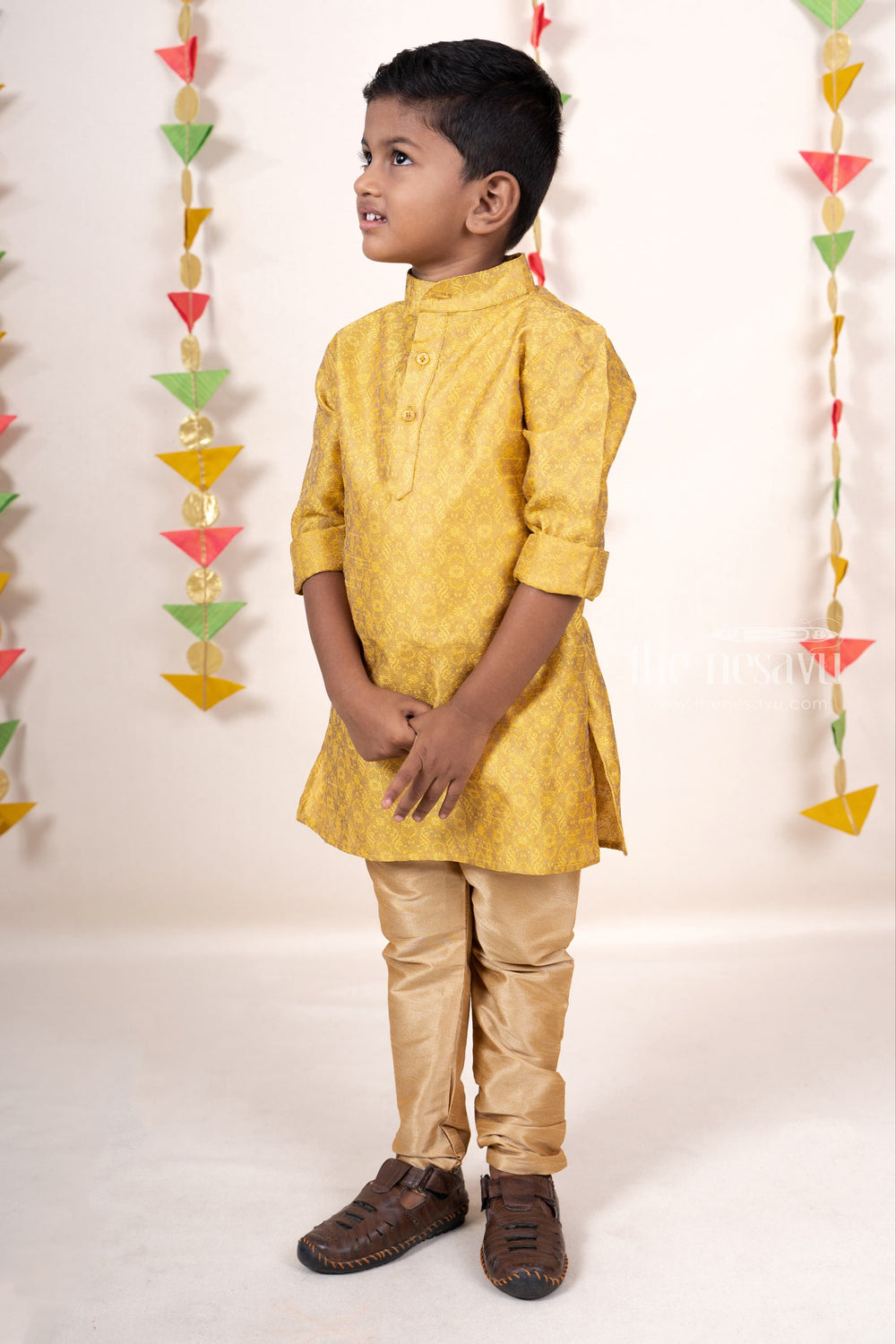 The Nesavu Ethnic Sets Golden Printed Semi Silk Designer Party Wear Kurta For Boys psr silks Nesavu