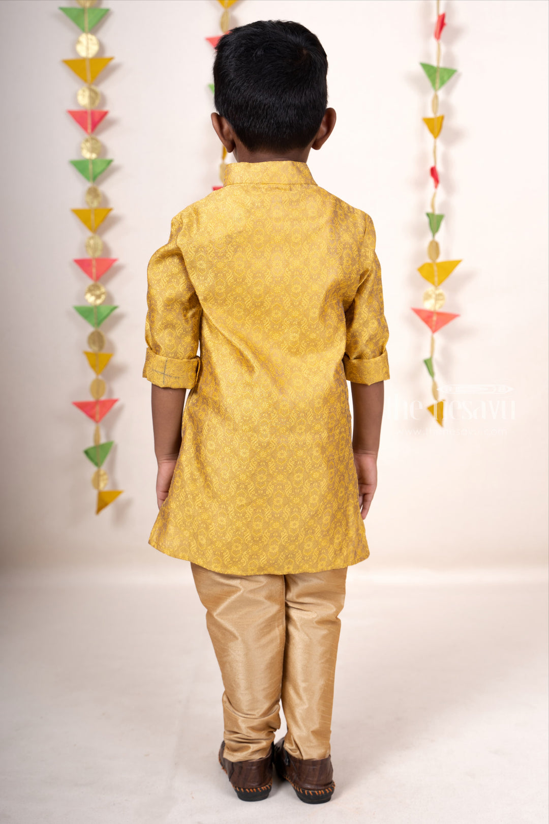 The Nesavu Ethnic Sets Golden Printed Semi Silk Designer Party Wear Kurta For Boys psr silks Nesavu