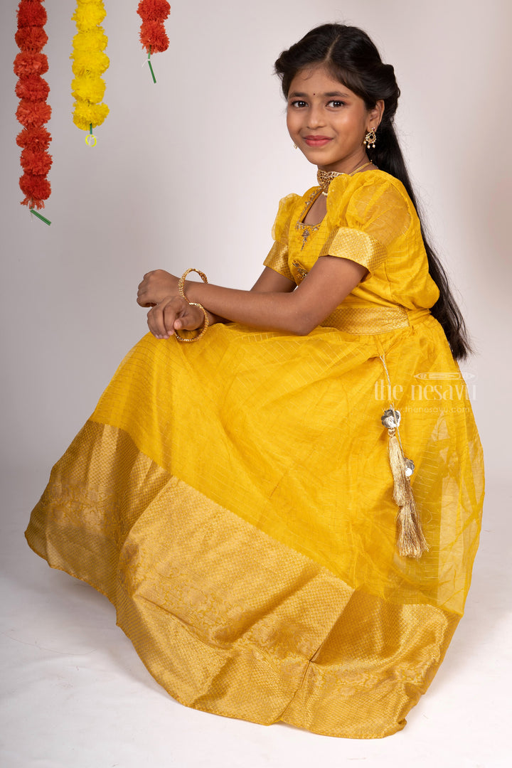 The Nesavu Kids Anarkali Golden yellow Anarkali Frock With Emboridered Neck Design psr silks Nesavu