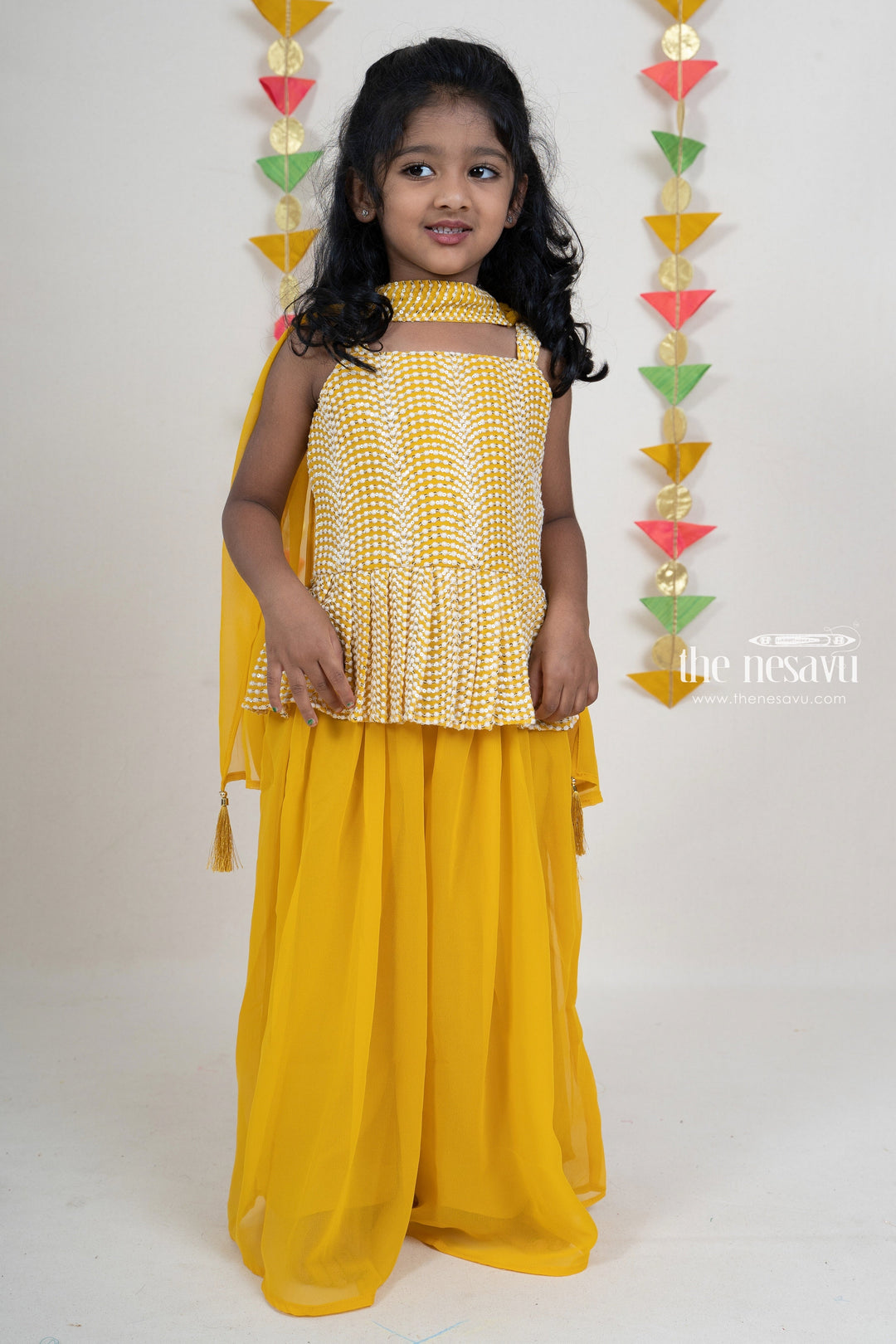 The Nesavu Sets & Suits Golden Yellow Georgette Designer Sharara Pant With Sleeveless Top For Girls psr silks Nesavu 18 (2Y) / yellow GPS088A