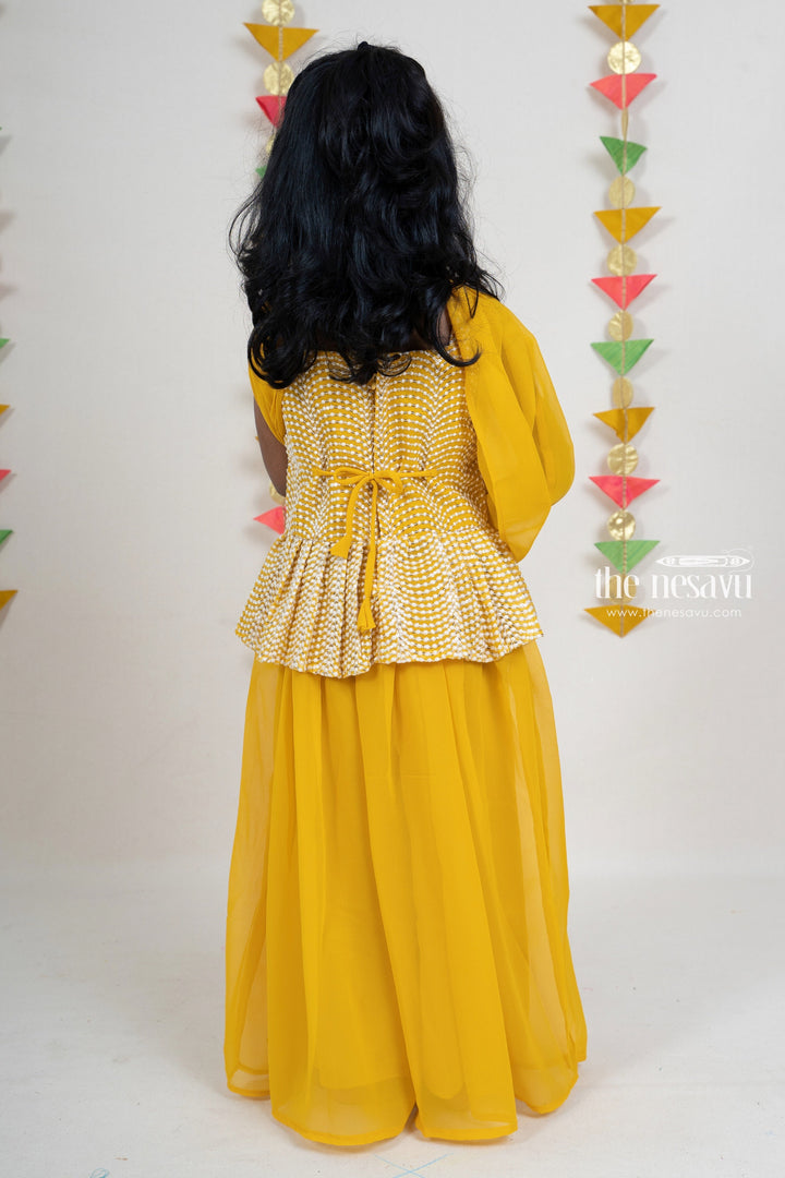 The Nesavu Sets & Suits Golden Yellow Georgette Designer Sharara Pant With Sleeveless Top For Girls psr silks Nesavu