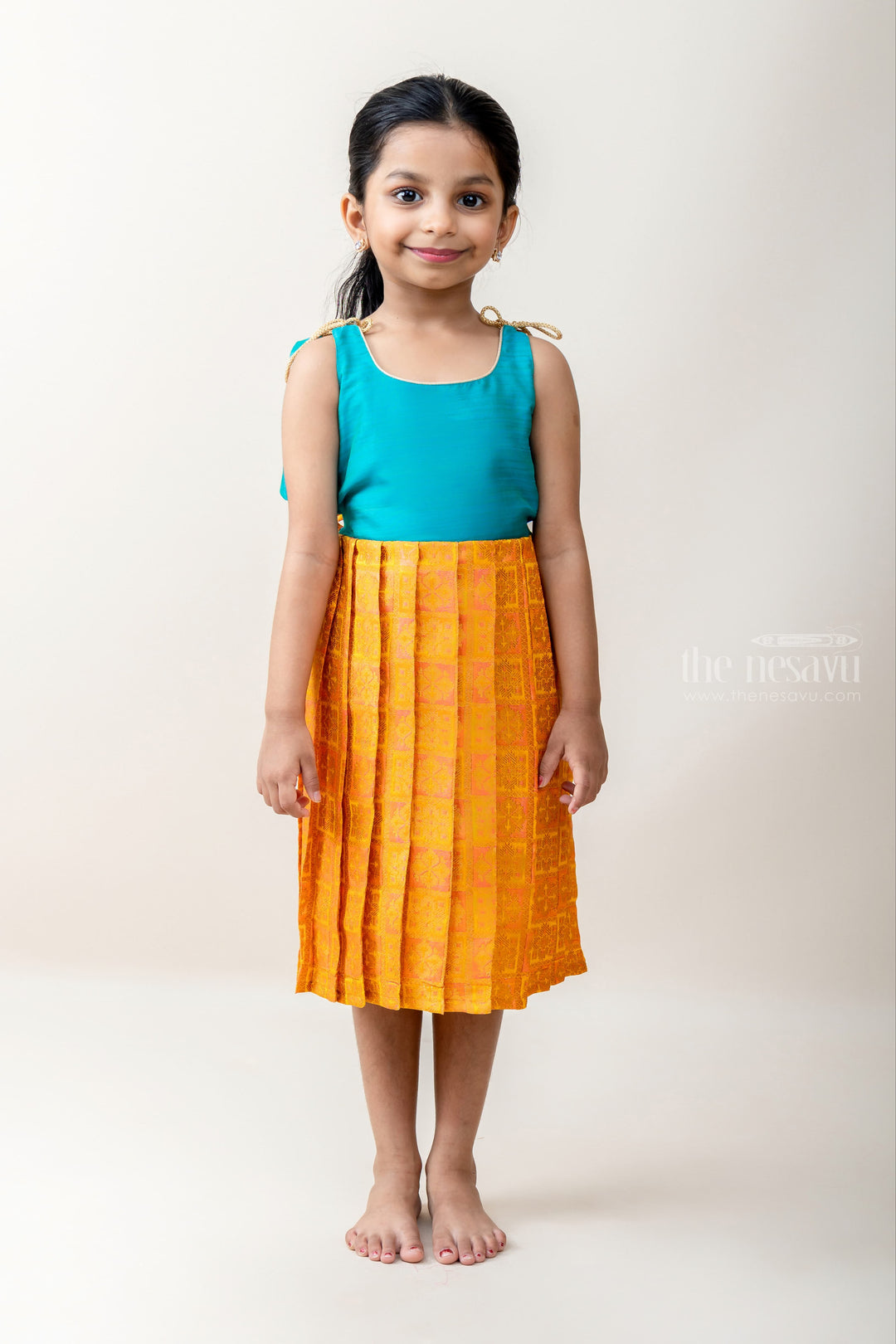 The Nesavu Tie-up Frock Golden Yellow with Peacock Blue Tie-up Frocks For Little Girls psr silks Nesavu 14 (6M) / goldenrod T247A