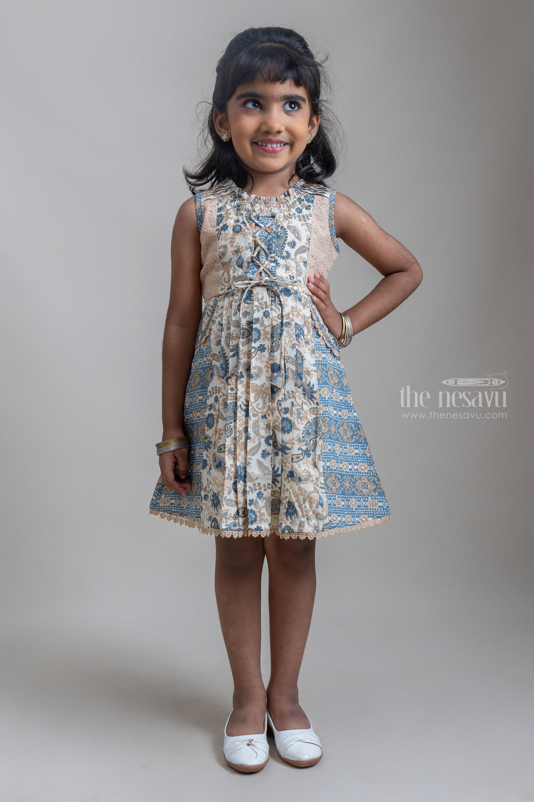 The Nesavu Frocks & Dresses Gorgeous Blue Floral Printed Sleeveless Pleated Cotton Frock For Girls psr silks Nesavu 22 (4Y) / Beige GFC1005A