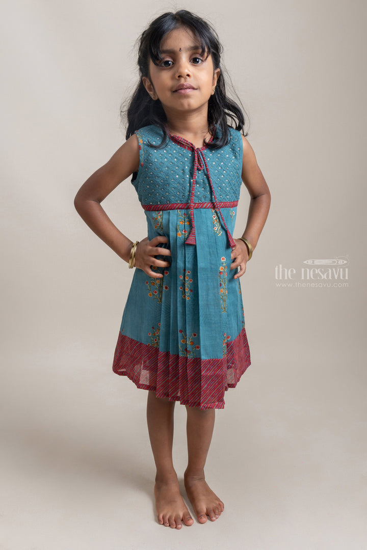 The Nesavu Frocks & Dresses Gorgeous Blue Sequin Embroidered Yoke And Floral Printed Cotton Frock For Girls psr silks Nesavu 22 (4Y) / Blue GFC1023B