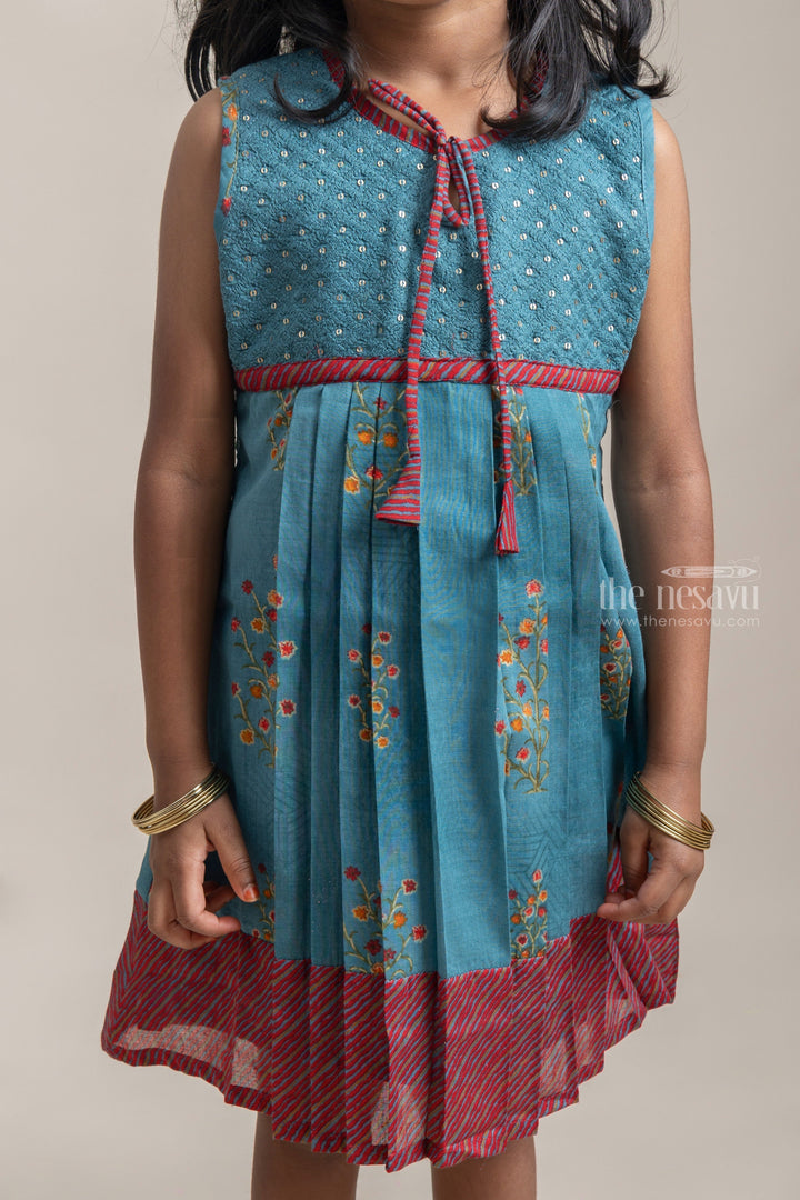 The Nesavu Frocks & Dresses Gorgeous Blue Sequin Embroidered Yoke And Floral Printed Cotton Frock For Girls psr silks Nesavu