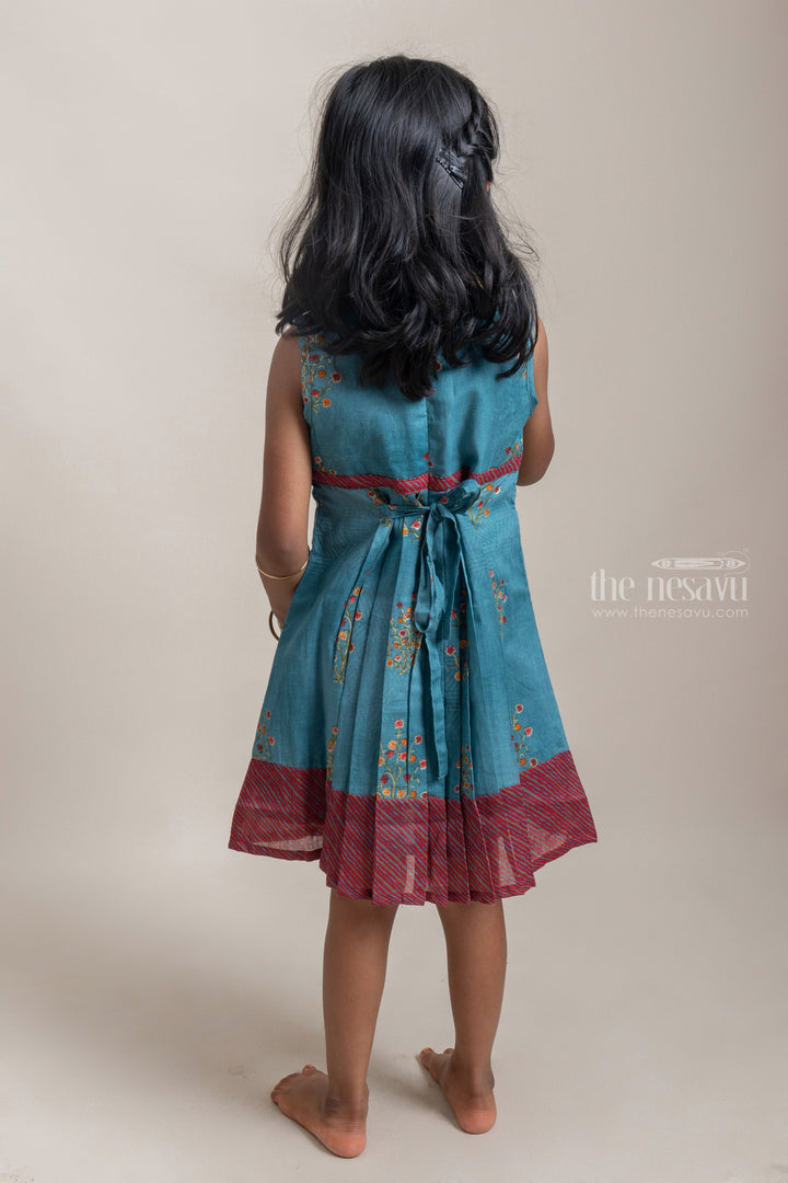 The Nesavu Frocks & Dresses Gorgeous Blue Sequin Embroidered Yoke And Floral Printed Cotton Frock For Girls psr silks Nesavu