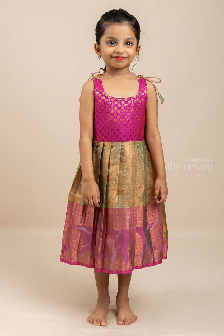 The Nesavu Tie-up Frock Gorgeous Gold And Pleasant Pink Yoke Semi-Silk Tie-Up Frocks For Little Girls psr silks Nesavu 12 (3M) / pink T267A