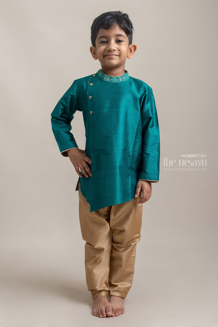 The Nesavu Ethnic Sets Gorgeous Peacock Green Floral Embroidered Kurta With Beige Pant For Boys psr silks Nesavu 12 (3M) / Green BES315B