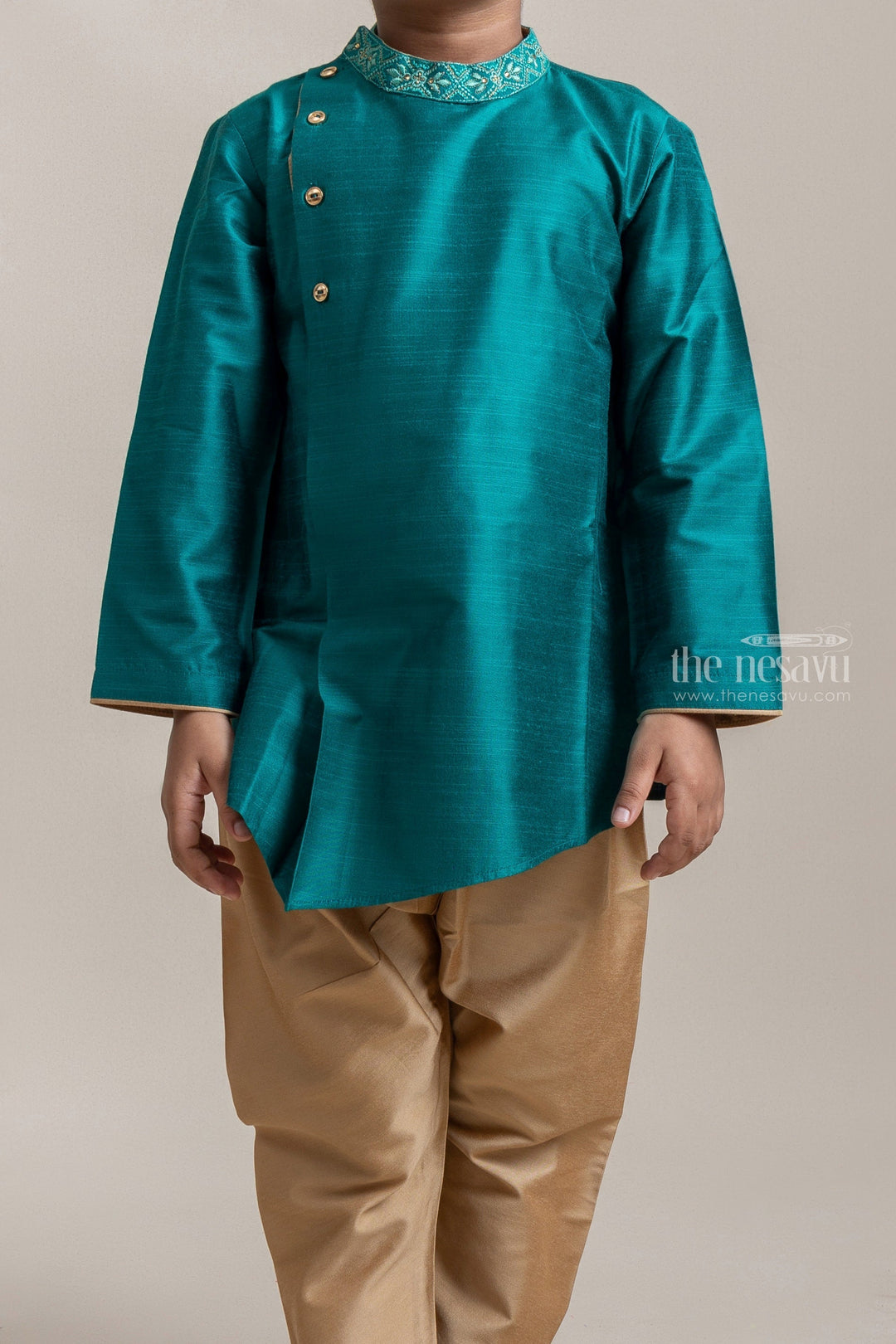 The Nesavu Ethnic Sets Gorgeous Peacock Green Floral Embroidered Kurta With Beige Pant For Boys psr silks Nesavu