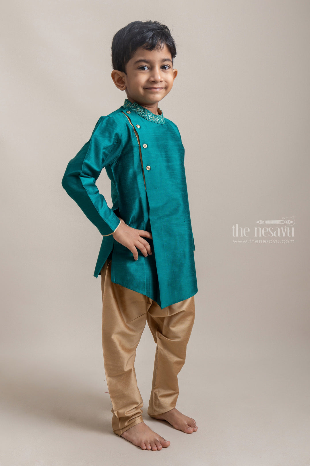 The Nesavu Ethnic Sets Gorgeous Peacock Green Floral Embroidered Kurta With Beige Pant For Boys psr silks Nesavu