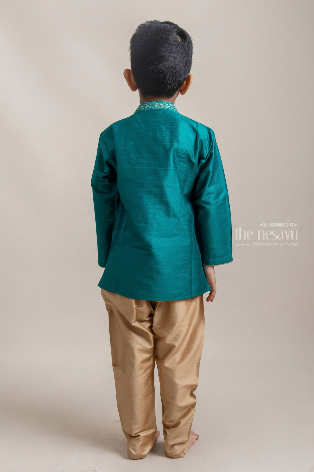 The Nesavu Ethnic Sets Gorgeous Peacock Green Floral Embroidered Kurta With Beige Pant For Boys psr silks Nesavu