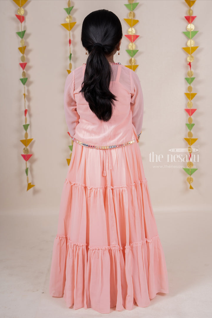 The Nesavu Lehenga & Ghagra Gorgeous Salmon Pink Floral Embroidered Top With Overcoat Anarkali Dress For Girls psr silks Nesavu