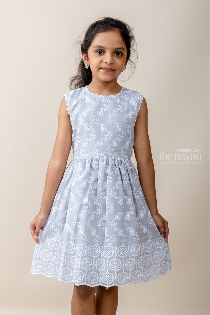 The Nesavu Frocks & Dresses Gray Cotton Causal Play Wear With Thread Embroidery. psr silks Nesavu 18 (2Y) / Gray GFC950C
