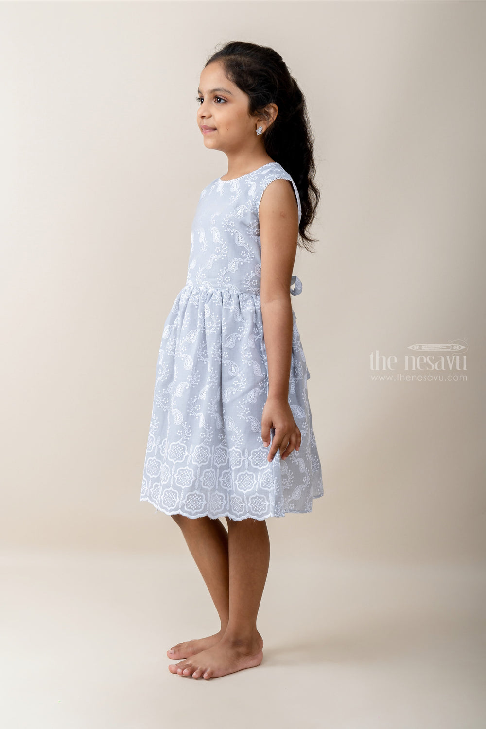 The Nesavu Frocks & Dresses Gray Cotton Causal Play Wear With Thread Embroidery. psr silks Nesavu