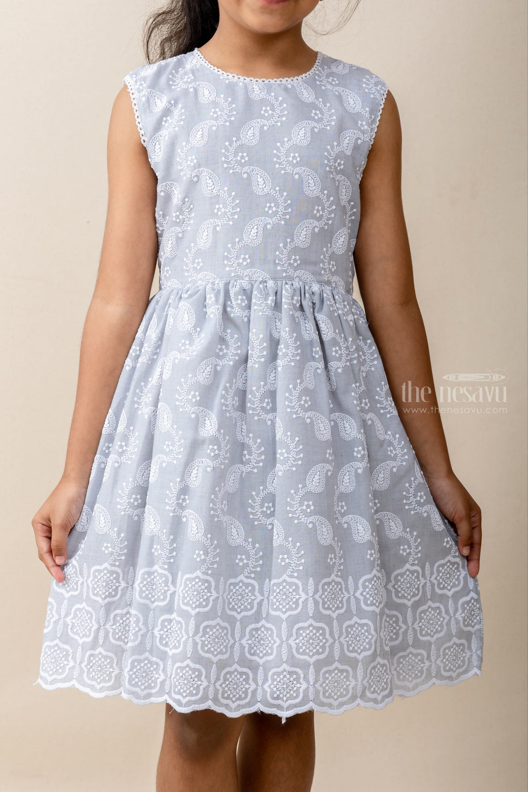 The Nesavu Frocks & Dresses Gray Cotton Causal Play Wear With Thread Embroidery. psr silks Nesavu