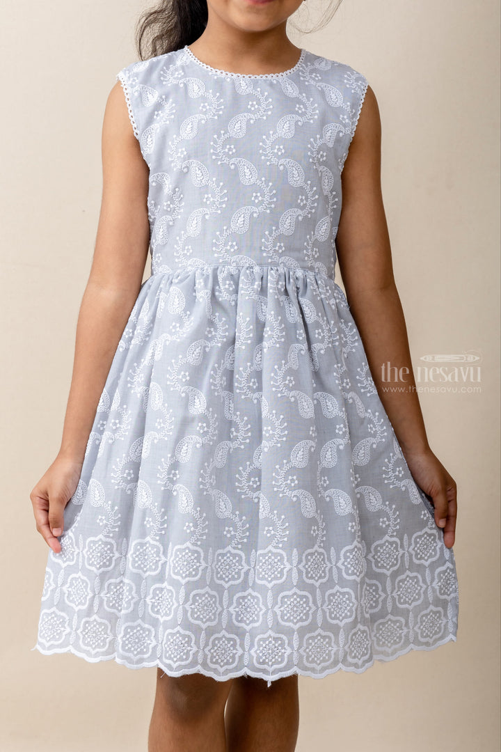 The Nesavu Frocks & Dresses Gray Cotton Causal Play Wear With Thread Embroidery. psr silks Nesavu