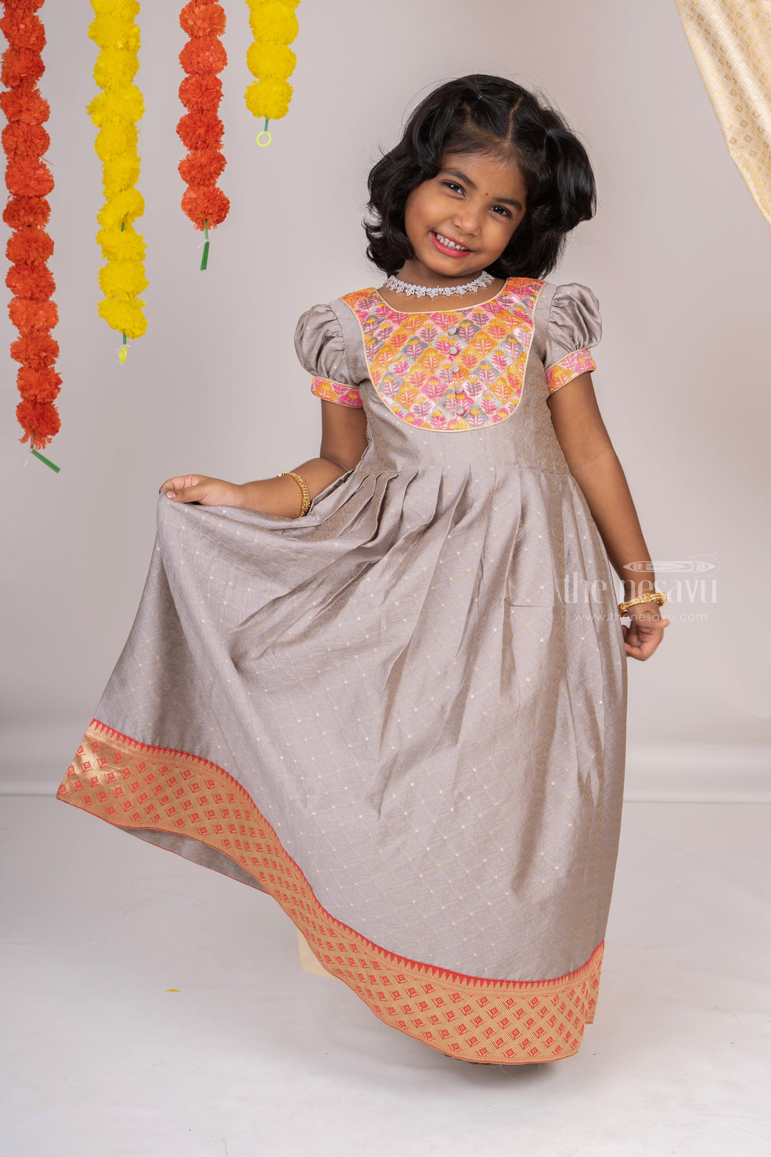 The Nesavu Kids Anarkali Gray Designer Anarkali Frock for Girls psr silks Nesavu 14 (6M) / Gray GA101