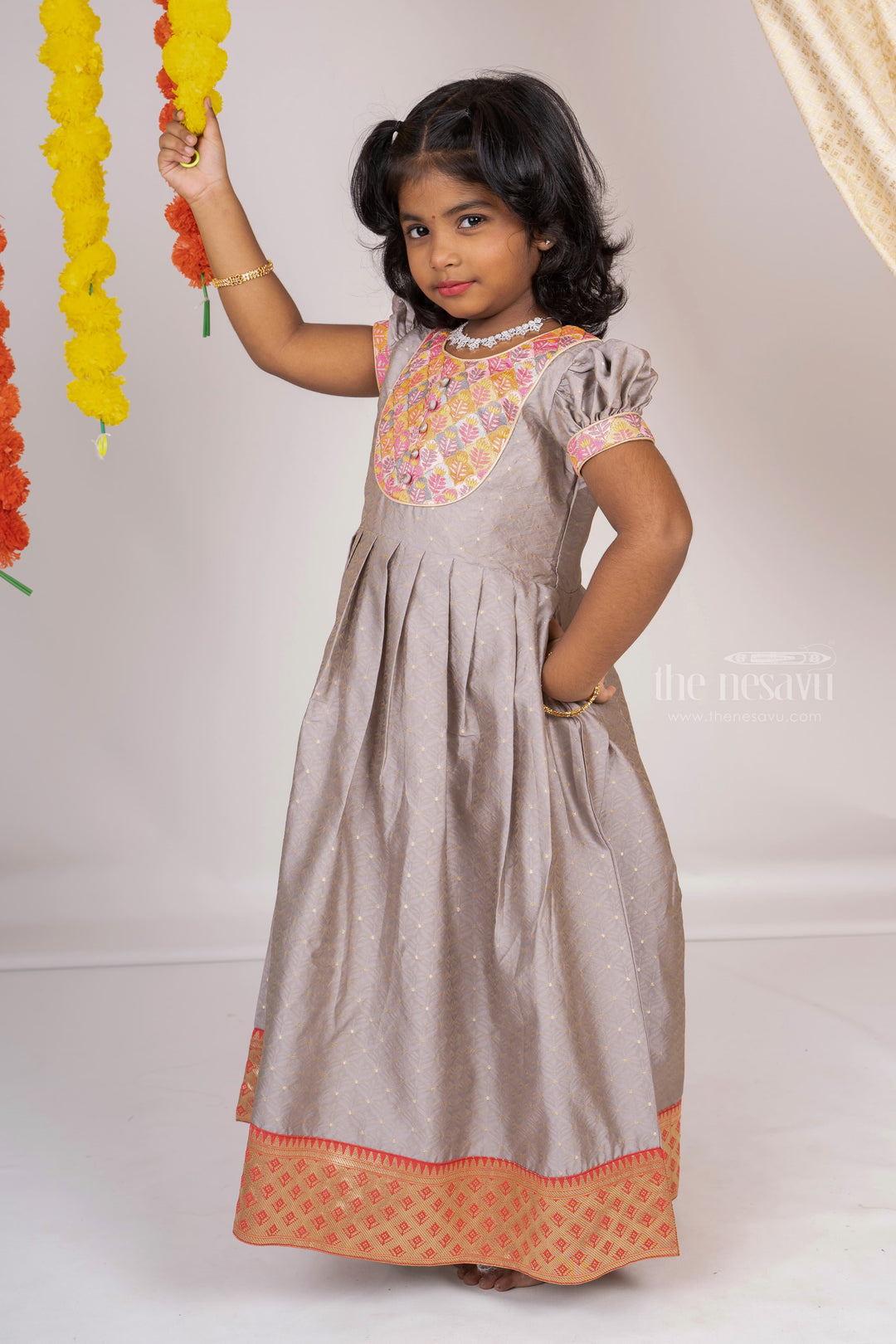 The Nesavu Kids Anarkali Gray Designer Anarkali Frock for Girls psr silks Nesavu