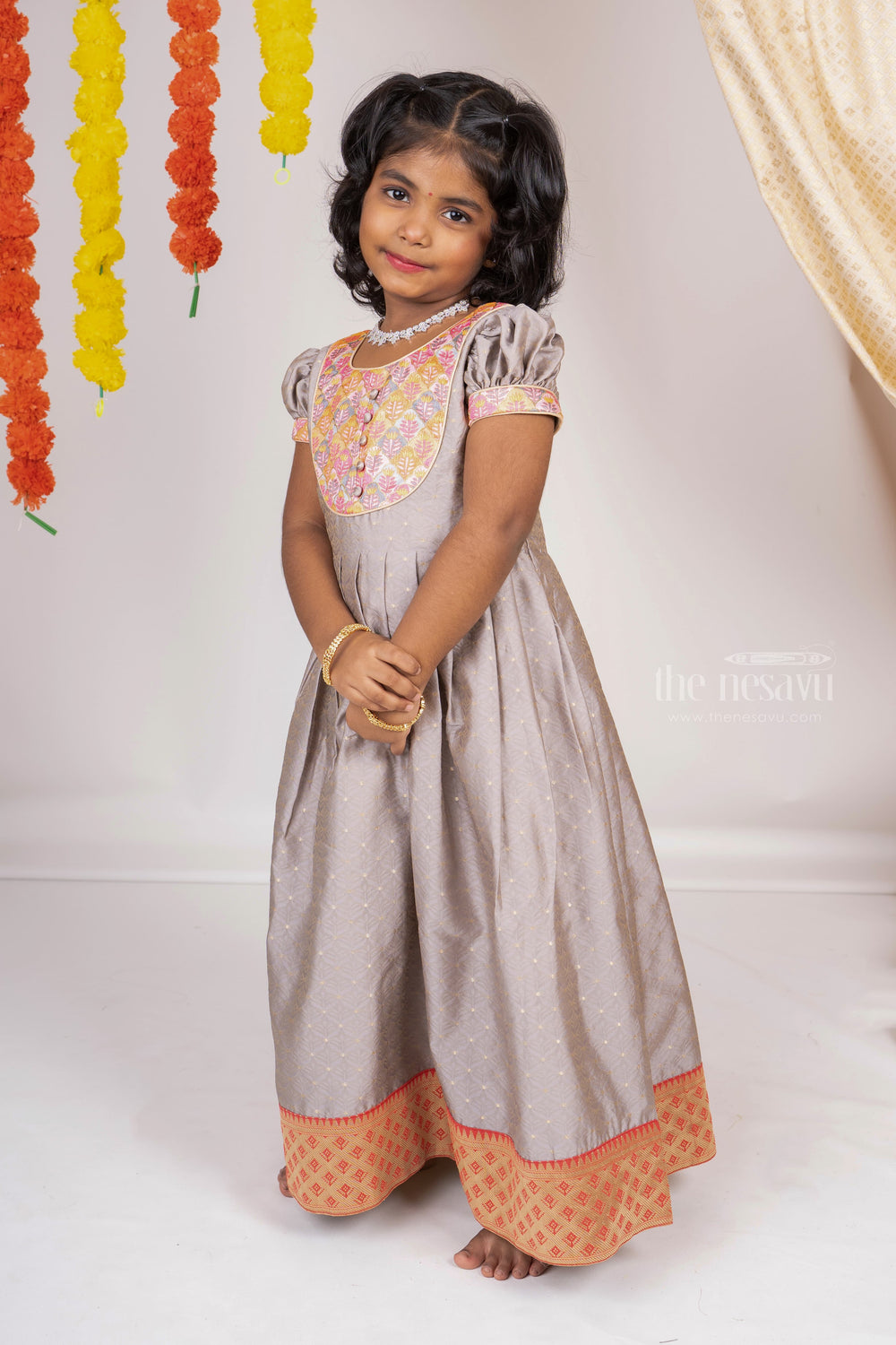 The Nesavu Kids Anarkali Gray Designer Anarkali Frock for Girls psr silks Nesavu