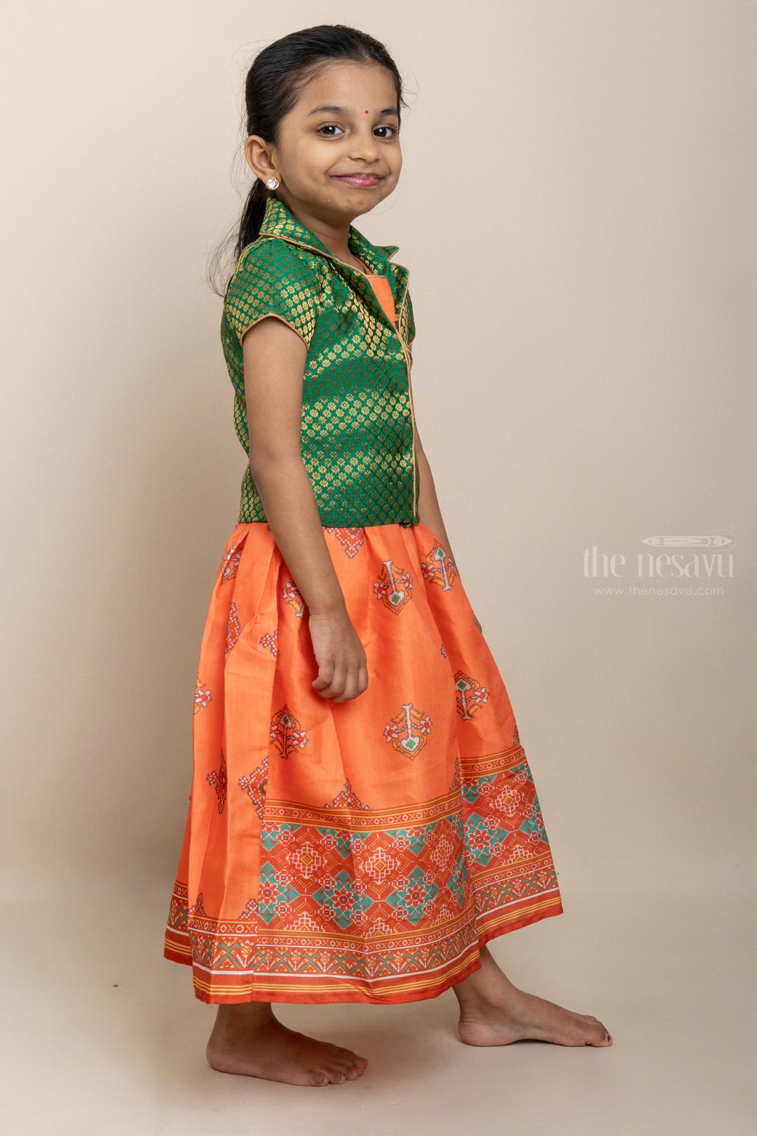 The Nesavu Kids Anarkali Green Anarkali Dress With Green Silk Blouse For Little Girls psr silks Nesavu