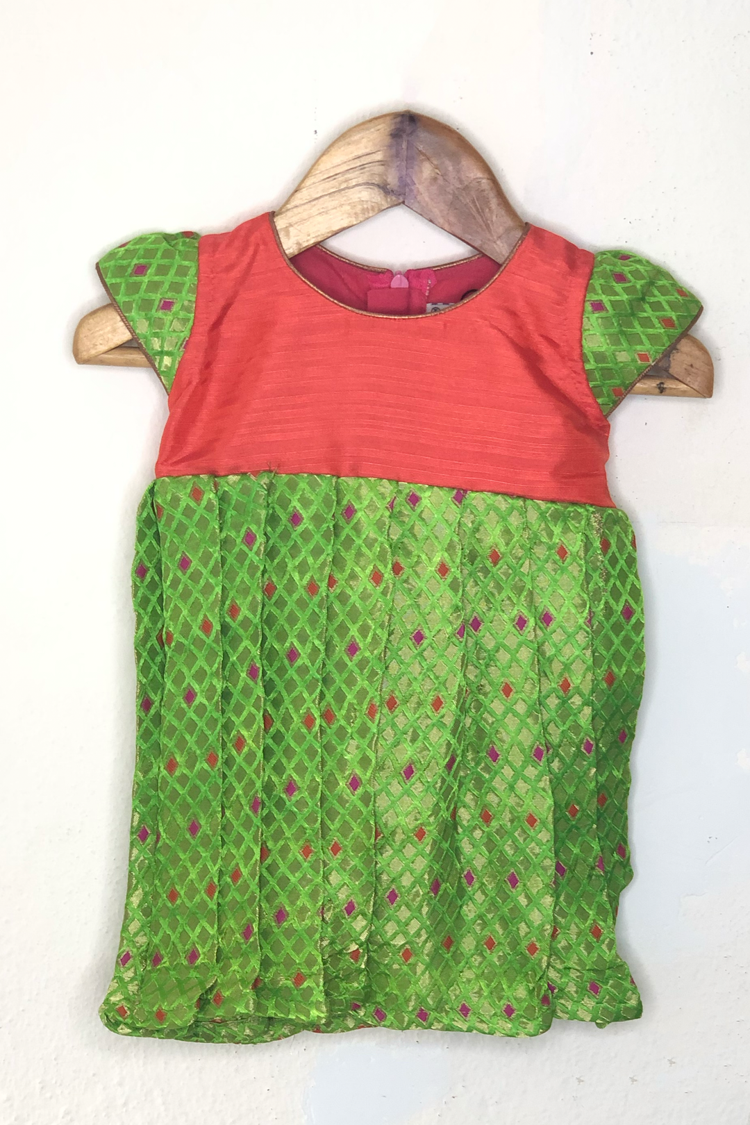 The Nesavu Silk frocks Green Jacquard Silk Frock With Simple Orange Yoke For Baby Girls psr silks Nesavu 10 (NB) / Green SF380C