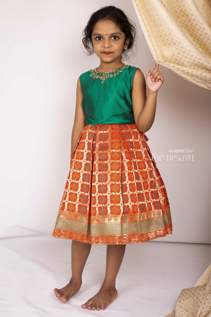 The Nesavu  Silk Frocks Green Red Designer Semi Silk Jacquard Pattu Party Frock psr silks Nesavu 12 (3M) / green SF017A