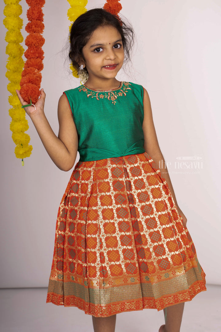 The Nesavu  Silk Frocks Green Red Designer Semi Silk Jacquard Pattu Party Frock psr silks Nesavu