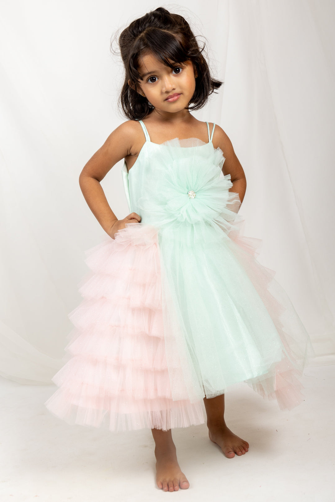 The Nesavu Party Frock Green With Pink Latest Soft Net Cotton Frock For Baby Girls psr silks Nesavu 14 (6M) / LightCyan PF45