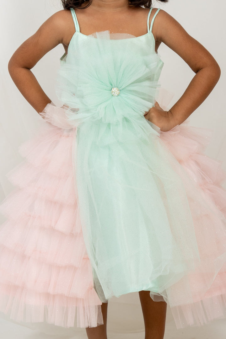 The Nesavu Party Frock Green With Pink Latest Soft Net Cotton Frock For Baby Girls psr silks Nesavu