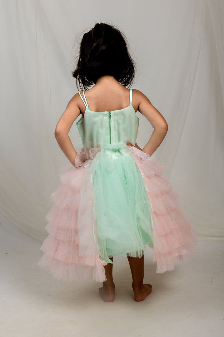 The Nesavu Party Frock Green With Pink Latest Soft Net Cotton Frock For Baby Girls psr silks Nesavu