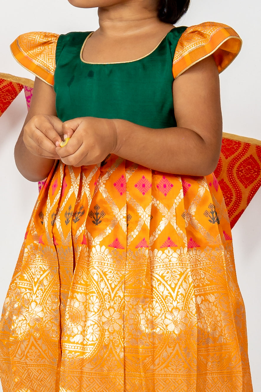 The Nesavu Silk Frocks Green With Yellow Long Border Semi Kanchi Pattu Frock For Girl Kids psr silks Nesavu 16 (1Y) / Hotpink SF415