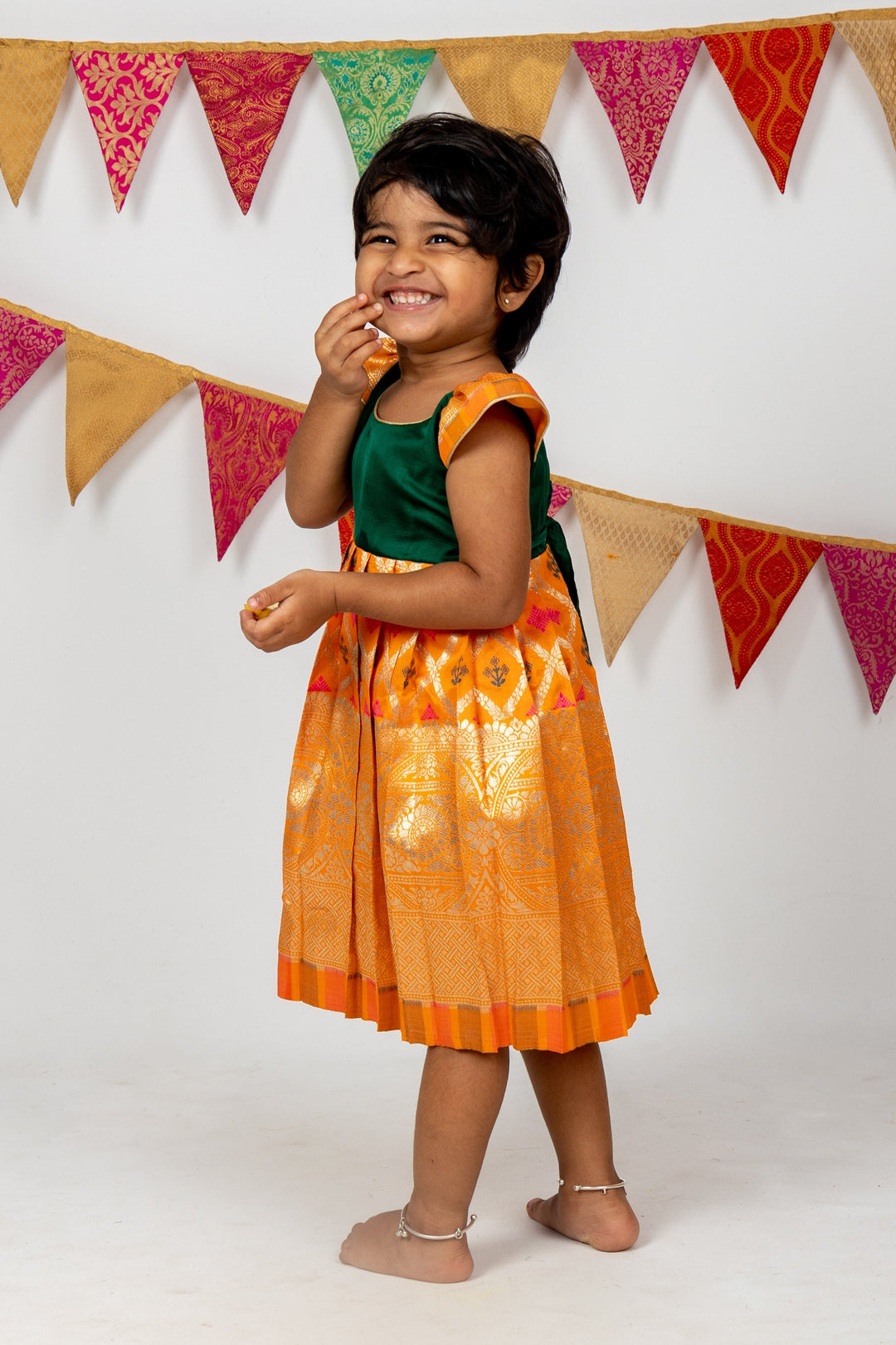 The Nesavu Silk Frocks Green With Yellow Long Border Semi Kanchi Pattu Frock For Girl Kids psr silks Nesavu