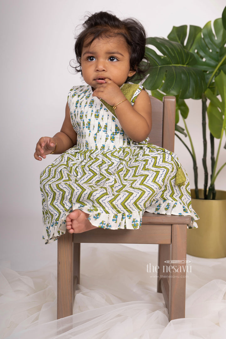The Nesavu Baby Frock / Jhabla Green Zig Zag Print White Pin-Tucked Cotton Frock For Baby Girls psr silks Nesavu 14 (6M) / olive BFJ312