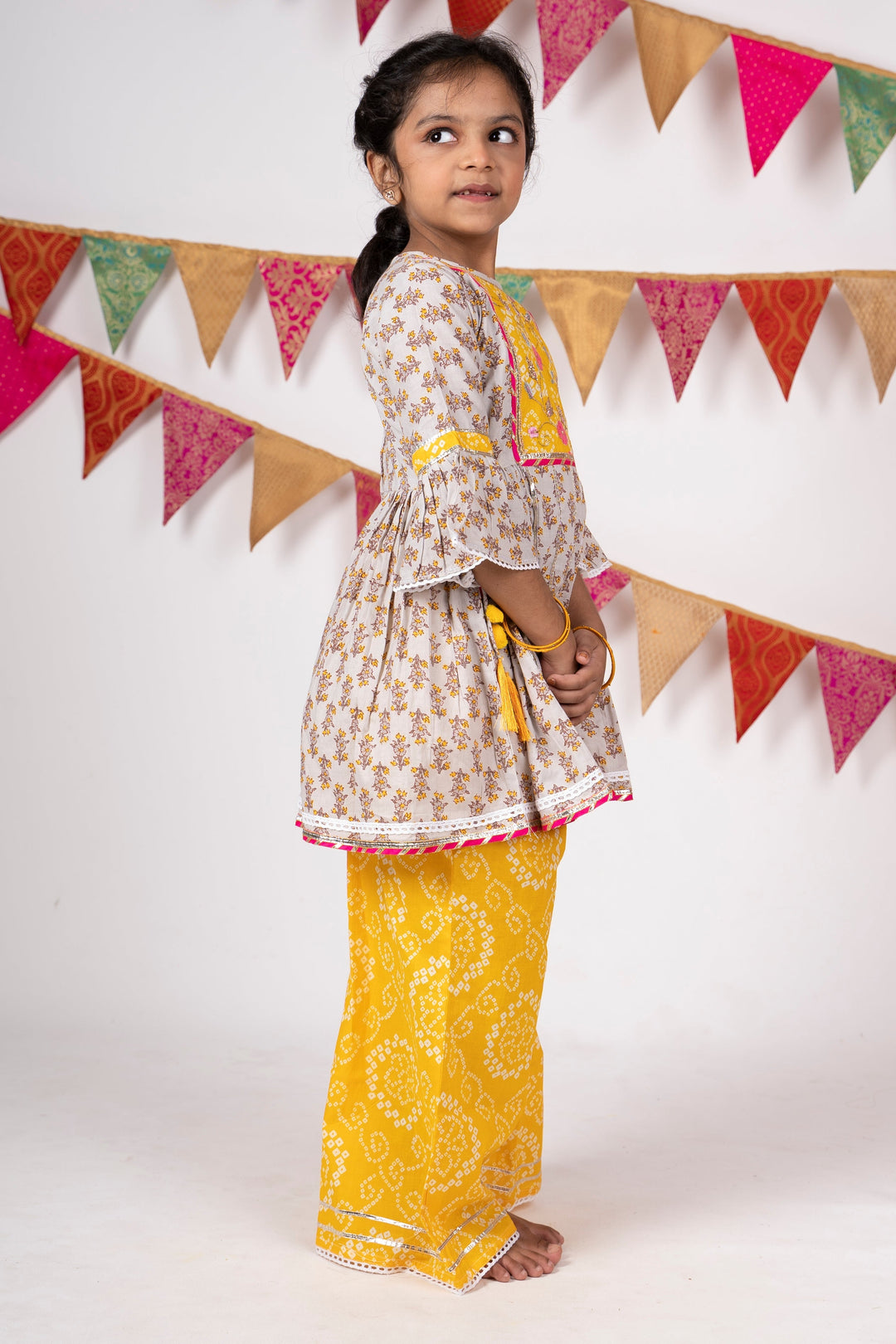 The Nesavu Sets & Suits Grey Anarkali Suit With Yellow Palazzo Pant For Baby Girls psr silks Nesavu