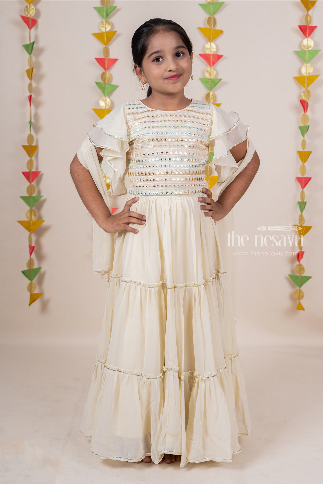 The Nesavu Lehenga & Ghagra Hand Embroidery Mirror Work Designer Festive Wear With Ruffled Sleeve For Girls psr silks Nesavu