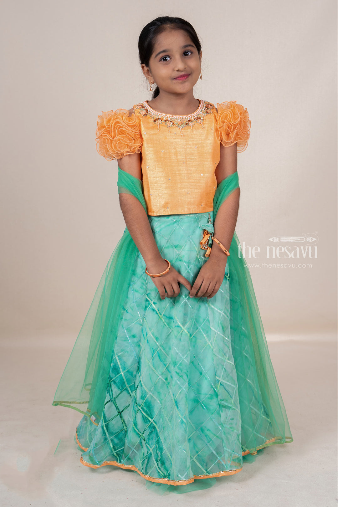 The Nesavu Lehenga & Ghagra Hand Embroidery Orange With Green Soft Net Lehenga For Baby Girls psr silks Nesavu 14 (6M) / coral GL261