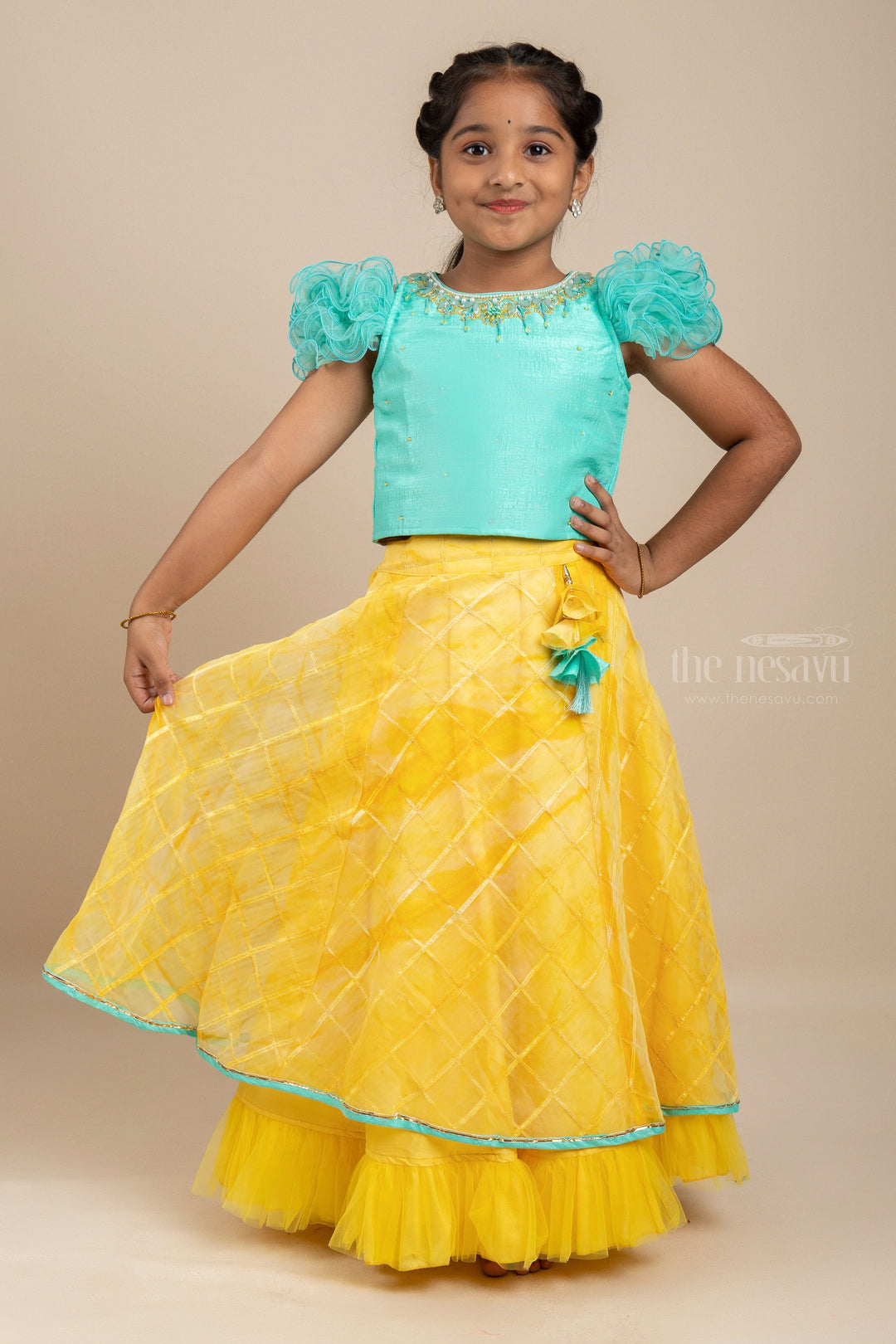 The Nesavu Lehenga & Ghagra Hand Embroidery Orange With Green Soft Net Lehenga For Baby Girls psr silks Nesavu 14 (6M) / Yellow GL261B