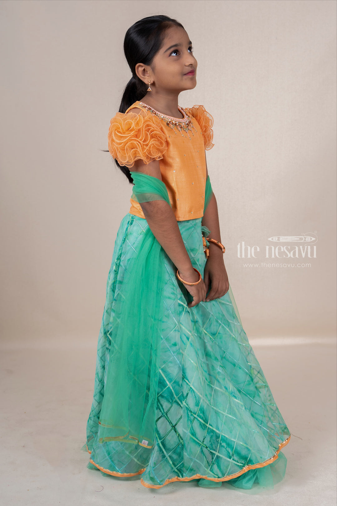 The Nesavu Lehenga & Ghagra Hand Embroidery Orange With Green Soft Net Lehenga For Baby Girls psr silks Nesavu