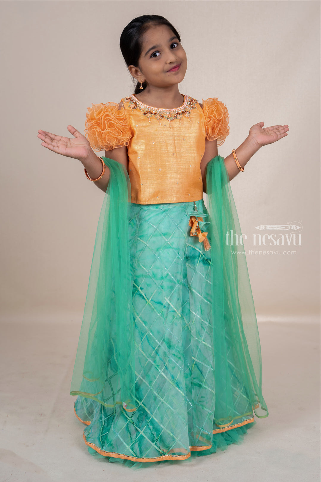 The Nesavu Lehenga & Ghagra Hand Embroidery Orange With Green Soft Net Lehenga For Baby Girls psr silks Nesavu