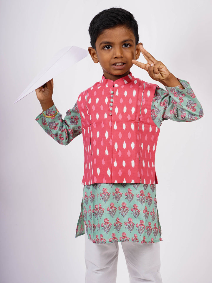 The Nesavu Ethnic Sets Handblock Floral Boys Kurta Bandi Set in Ikkat N Mugal Print psr silks Nesavu