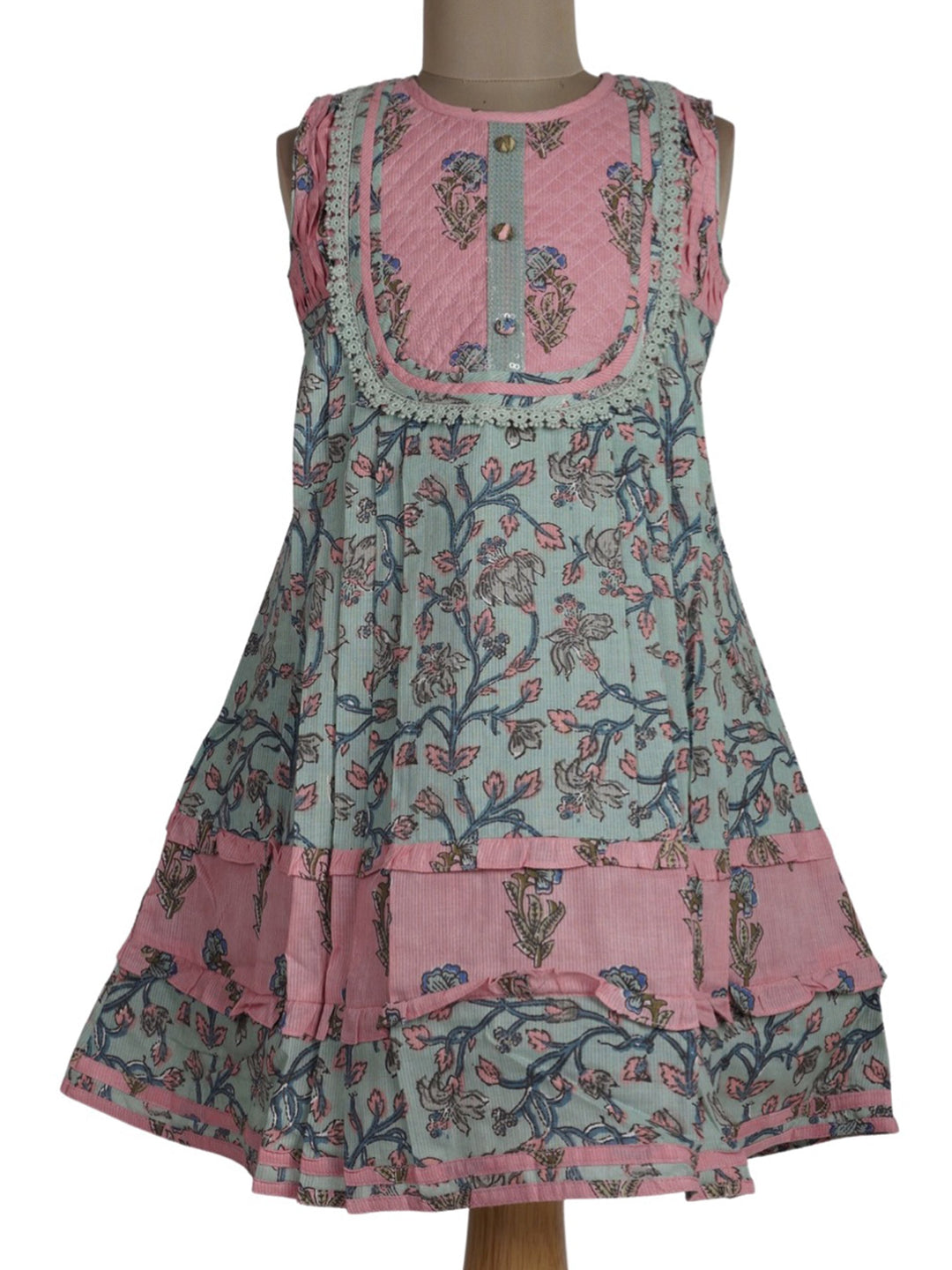 The Nesavu Frocks & Dresses Handblock Printed Multicolour Soft Cotton Printed Frock psr silks Nesavu 16 (1Y) / Turquoise GFC625