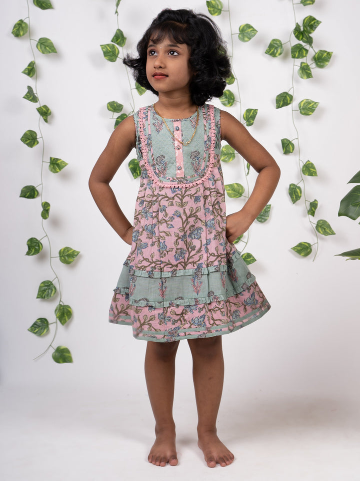 The Nesavu Frocks & Dresses Handblock Printed Multicolour Soft Cotton Printed Frock psr silks Nesavu
