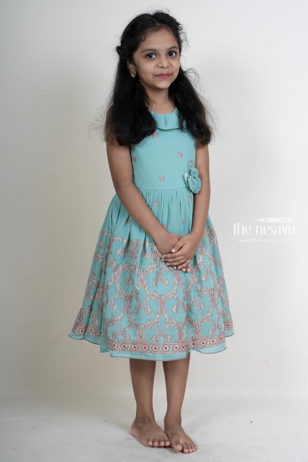 The Nesavu Frocks & Dresses Hi-Neck Ruffled Embroidery Georgette Party Frock For Baby Girls psr silks Nesavu 16 (1Y) / PowderBlue GFC933