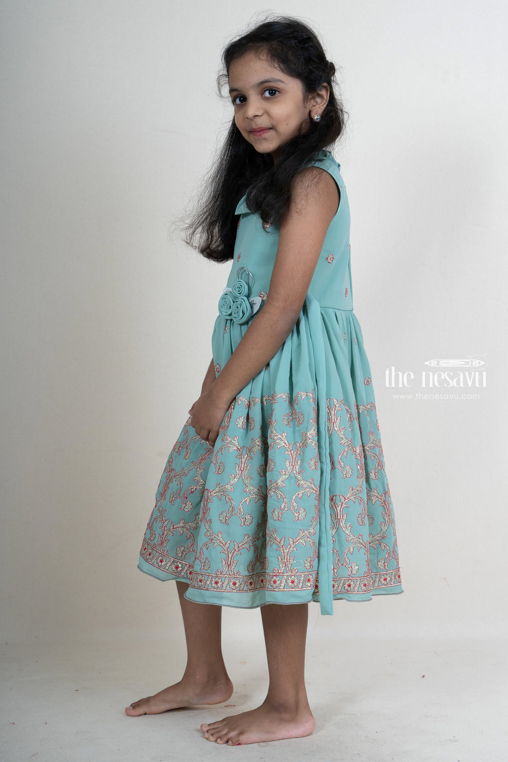 The Nesavu Frocks & Dresses Hi-Neck Ruffled Embroidery Georgette Party Frock For Baby Girls psr silks Nesavu