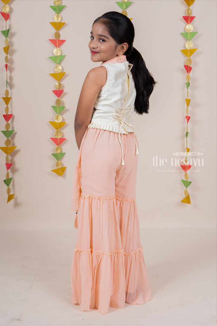 The Nesavu Sets & Suits High-Neck Designer Embroidery Crop Top With Crepe Layered Sharara Pant For Girls psr silks Nesavu